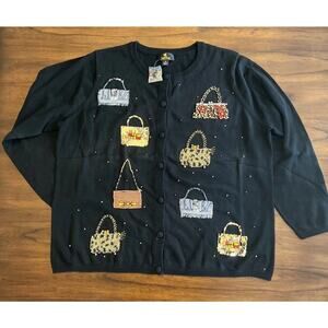 Quacker Factory Cardigan Sweater Wmns Sz 1X Black Bead Sequin Purses Grandmacore